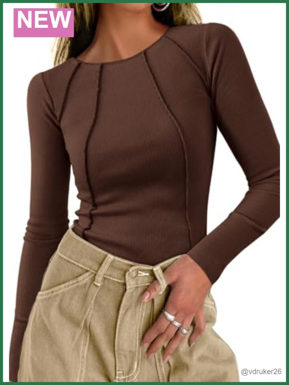 Ribbed Long Sleeve Crop Top Crew Neck Fitted Knit Women